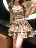 GETADME Plaid Retro Elegant 2 Piece Dress Set Female French Y2k Crop Tops + High Waist Mini Skrits 2025 Summer Korean Fashion Suits