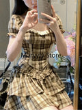 GETADME Plaid Retro Elegant 2 Piece Dress Set Female French Y2k Crop Tops + High Waist Mini Skrits 2025 Summer Korean Fashion Suits