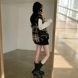 GETADME Plaid sweater pullover vest female students wear winter Korean loose retro V-neck sleeveless knitted pullover vest sweater top