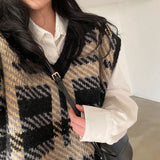 GETADME Plaid sweater pullover vest female students wear winter Korean loose retro V-neck sleeveless knitted pullover vest sweater top