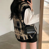 GETADME Plaid sweater pullover vest female students wear winter Korean loose retro V-neck sleeveless knitted pullover vest sweater top