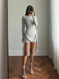GETADME Pleated Long Sleeve Mini Dress Floral Designer Holiday Slim Patchwork Fashion Elegant Solid Dress For Women Y2k Dress 2024