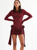 GETADME Pleated Long Sleeve Mini Dress Floral Designer Holiday Slim Patchwork Fashion Elegant Solid Dress For Women Y2k Dress 2024