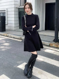 GETADME Pleated Women's Crochet Dresses Extreme Mini Black Short Female Knit Dress Turtleneck Clothing Spring Autumn 2025 Korean Fashion
