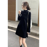GETADME Pleated Women's Crochet Dresses Extreme Mini Black Short Female Knit Dress Turtleneck Clothing Spring Autumn 2025 Korean Fashion