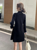 GETADME Pleated Women's Crochet Dresses Extreme Mini Black Short Female Knit Dress Turtleneck Clothing Spring Autumn 2025 Korean Fashion