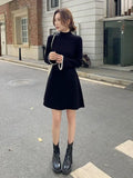 GETADME Pleated Women's Crochet Dresses Extreme Mini Black Short Female Knit Dress Turtleneck Clothing Spring Autumn 2025 Korean Fashion