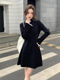 GETADME Pleated Women's Crochet Dresses Extreme Mini Black Short Female Knit Dress Turtleneck Clothing Spring Autumn 2025 Korean Fashion