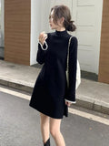GETADME Pleated Women's Crochet Dresses Extreme Mini Black Short Female Knit Dress Turtleneck Clothing Spring Autumn 2025 Korean Fashion