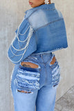 GETADME 플러스 사이즈 파티 블루 셔츠 칼라 긴팔 진주 데님 재킷 아웃웨어