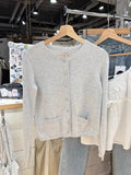 GETADME Pockets Gray Knitted Sweater Cardigan Woman Round Neck Long Sleeve Cotton Sweaters Autumn Sweet Preppy Style Knitwear Y2k Top