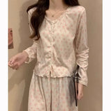 GETADME Princess Style Long Sleeved Pajamas Women Spring Autumn 2025 New Sleepwear Cardigan Round Neck Floral Homewear Two-piece Set