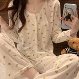 GETADME Princess Style Long Sleeved Pajamas Women Spring Autumn 2025 New Sleepwear Cardigan Round Neck Floral Homewear Two-piece Set