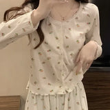 GETADME Princess Style Long Sleeved Pajamas Women Spring Autumn 2025 New Sleepwear Cardigan Round Neck Floral Homewear Two-piece Set