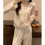 GETADME Princess Style Long Sleeved Pajamas Women Spring Autumn 2025 New Sleepwear Cardigan Round Neck Floral Homewear Two-piece Set