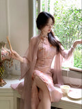 GETADME Print French Vintage Two Piece Set Women Elegant Sweet Party Long Dress Suit Female Causal Cardigan + Korean Fashion Dress 2025