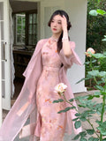 GETADME Print French Vintage Two Piece Set Women Elegant Sweet Party Long Dress Suit Female Causal Cardigan + Korean Fashion Dress 2025