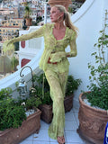 GETADME Print Y2K Mesh Long Sleeve Top Shirts Green and Maxi Skirt Bodycon Sexy Two Piece Sets Beach Outfits Women Club