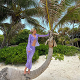 GETADME Print Y2K Mesh Long Sleeve Top Shirts Green and Maxi Skirt Bodycon Sexy Two Piece Sets Beach Outfits Women Club