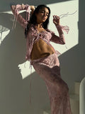 GETADME Print Y2K Mesh Long Sleeve Top Shirts Green and Maxi Skirt Bodycon Sexy Two Piece Sets Beach Outfits Women Club