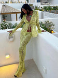 GETADME Print Y2K Mesh Long Sleeve Top Shirts Green and Maxi Skirt Bodycon Sexy Two Piece Sets Beach Outfits Women Club