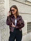 GETADME Pu Leather Women's Jaqueta Chic Lapel Long Sleeves Cropped Zipper Jackets 2025 New Female Autumn Short Coat Fashion Outerwears