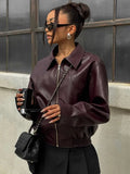GETADME Pu Leather Women's Jaqueta Chic Lapel Long Sleeves Cropped Zipper Jackets 2025 New Female Autumn Short Coat Fashion Outerwears