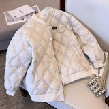GETADME Quilted Coats for Women Lightweight Cotton-padded Cropped Baseball Jackets Long Sleeve Solid Loose Casual Vintage Women Clothing