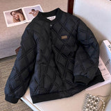 GETADME Quilted Coats for Women Lightweight Cotton-padded Cropped Baseball Jackets Long Sleeve Solid Loose Casual Vintage Women Clothing