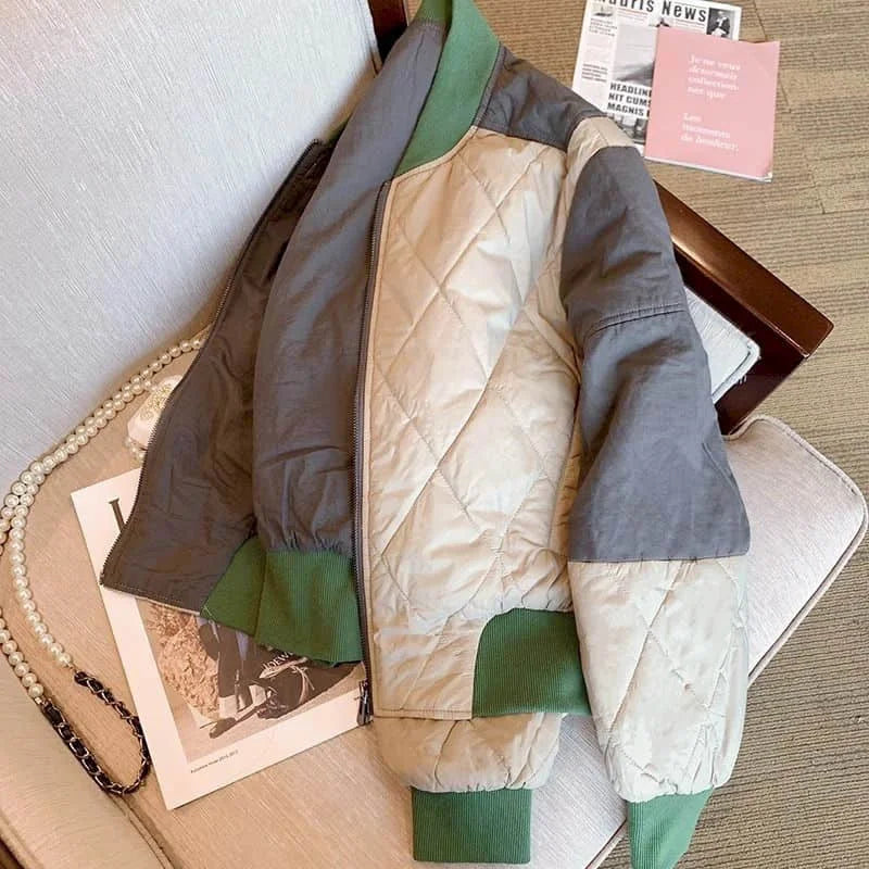 GETADME Quilted Coats for Women Lightweight Cotton-padded Cropped Baseball Jackets Long Sleeved Patchwork Casual Vintage Women Clothing