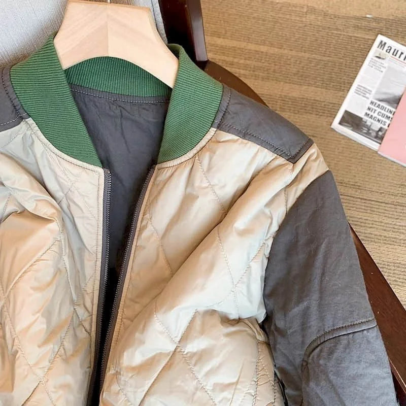 GETADME Quilted Coats for Women Lightweight Cotton-padded Cropped Baseball Jackets Long Sleeved Patchwork Casual Vintage Women Clothing