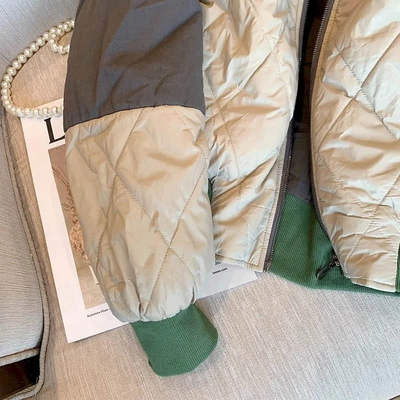 GETADME Quilted Coats for Women Lightweight Cotton-padded Cropped Baseball Jackets Long Sleeved Patchwork Casual Vintage Women Clothing