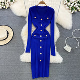 GETADME REALEFT Autumn Winter V-Neck Women's Knitted Dresses 2025 New Single Breasted Long Sleeve Solid Front Split Midi Dresses Female