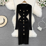 GETADME REALEFT Autumn Winter V-Neck Women's Knitted Dresses 2025 New Single Breasted Long Sleeve Solid Front Split Midi Dresses Female