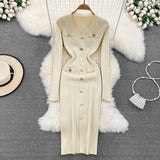 GETADME REALEFT Autumn Winter V-Neck Women's Knitted Dresses 2025 New Single Breasted Long Sleeve Solid Front Split Midi Dresses Female