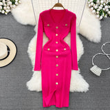 GETADME REALEFT Autumn Winter V-Neck Women's Knitted Dresses 2025 New Single Breasted Long Sleeve Solid Front Split Midi Dresses Female