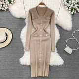 GETADME REALEFT Autumn Winter V-Neck Women's Knitted Dresses 2025 New Single Breasted Long Sleeve Solid Front Split Midi Dresses Female