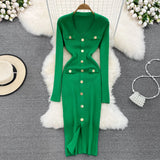 GETADME REALEFT Autumn Winter V-Neck Women's Knitted Dresses 2025 New Single Breasted Long Sleeve Solid Front Split Midi Dresses Female