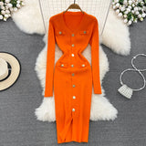 GETADME REALEFT Autumn Winter V-Neck Women's Knitted Dresses 2025 New Single Breasted Long Sleeve Solid Front Split Midi Dresses Female