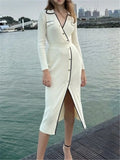GETADME REALEFT Spring 2025 New Elegant Cross V-Neck Women's Knitting Dresses Female Single Breasted Straight Long Sleeve Midi Dress