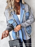 GETADME Raw Hem Cardigan Women Sweaters Patchwork Notched Collar Knitted Denim Jackets Jumpers Pockets Thick Coats Autumn Winter Outwear