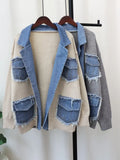 GETADME Raw Hem Cardigan Women Sweaters Patchwork Notched Collar Knitted Denim Jackets Jumpers Pockets Thick Coats Autumn Winter Outwear