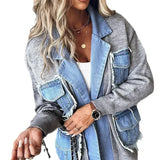 GETADME Raw Hem Cardigan Women Sweaters Patchwork Notched Collar Knitted Denim Jackets Jumpers Pockets Thick Coats Autumn Winter Outwear
