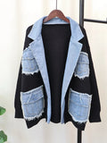 GETADME Raw Hem Cardigan Women Sweaters Patchwork Notched Collar Knitted Denim Jackets Jumpers Pockets Thick Coats Autumn Winter Outwear