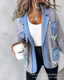 GETADME Raw Hem Cardigan Women Sweaters Patchwork Notched Collar Knitted Denim Jackets Jumpers Pockets Thick Coats Autumn Winter Outwear
