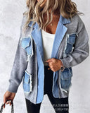 GETADME Raw Hem Cardigan Women Sweaters Patchwork Notched Collar Knitted Denim Jackets Jumpers Pockets Thick Coats Autumn Winter Outwear