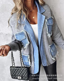 GETADME Raw Hem Cardigan Women Sweaters Patchwork Notched Collar Knitted Denim Jackets Jumpers Pockets Thick Coats Autumn Winter Outwear