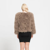 GETADME Real Ostrich Fur Feather Coat Short Jacket Furry Fluffy Party Long Sleeve Winter Women Coat Outerwear Plus Size Puffy Turkey Fur