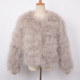 GETADME Real Ostrich Fur Feather Coat Short Jacket Furry Fluffy Party Long Sleeve Winter Women Coat Outerwear Plus Size Puffy Turkey Fur