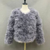 GETADME Real Ostrich Fur Feather Coat Short Jacket Furry Fluffy Party Long Sleeve Winter Women Coat Outerwear Plus Size Puffy Turkey Fur